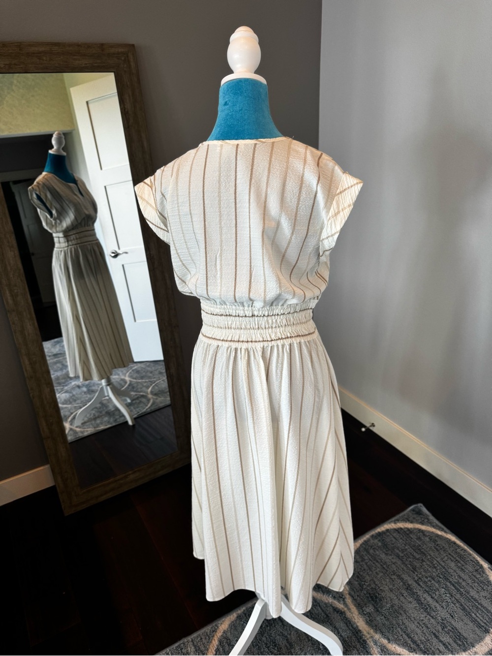 Calvin Klein Cream Striped Smocked-Waist Midi Dress - Picture 4 of 4